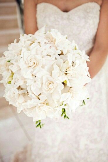 GORGEOUS Round Wedding Bouquet Featuring White Gardenia White Stephanotis White Freesia